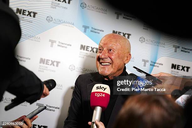 Norman Foster talks with media during the Next Design Perspectives event at Triennale on October 14, 2025 in Milan, Italy.