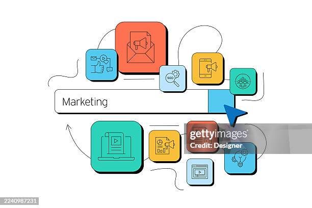 ilustraciones, imágenes clip art, dibujos animados e iconos de stock de ilustración vectorial relacionada con el marketing. análisis, cliente, estrategia, audiencia, marketing digital, promoción - orientado al cliente