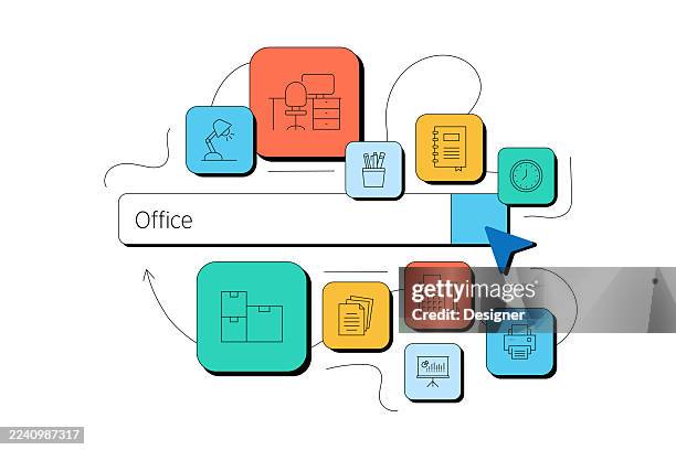 office and workspace related vector illustration. table, workplace, computer, chair, light, furniture, laptop, coworking - multitasking phone stock illustrations