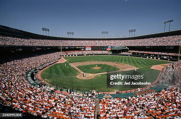 General view of 3Com Park stadium and the baseball diamond with the San Francisco Giants batting against the Los Angeles Dodgers during their Major...