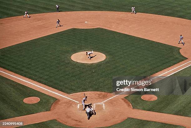 Overhead view of Anaheim Stadium baseball diamond with the Detroit Tigers batting against the California Angels during their Major League Baseball...