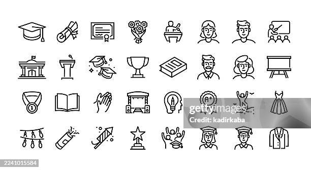 graduation line icon set. group of object, diploma, certificate, campus, award, celebration, ceremony, happiness. - throwing confetti stock illustrations