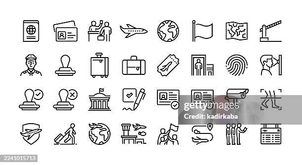 passport line icon set. group of object. id card, airplane, globe, country, visa, suitcase, travel bag, boarding pass, tourist, passenger. - the visa screening room stock illustrations