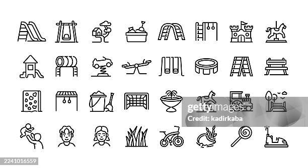 playground line icon set. group of object. carousel, child, fun, joy, monkey bars, playful, playhouse. - sliding stock illustrations