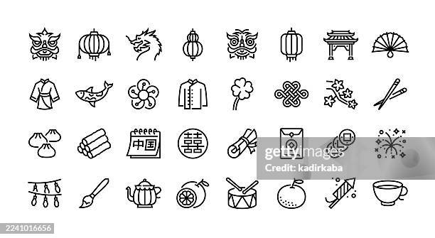 illustrations, cliparts, dessins animés et icônes de ensemble d’icônes de ligne du nouvel an chinois. groupe d’objets. lion chinois, danse du lion, lanterne chinoise, culture chinoise. - lampion