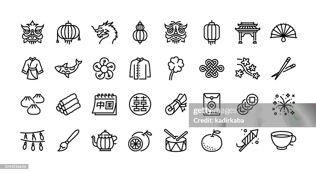 Chinese New Year Line Icon Set. Group Of Object. Chinese Lion, Lion Dance, Chinese Lantern, Chinese Culture.