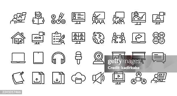 virtual classrooms line icon set. group of object, e-learning, online education, student, quiz, online teacher, video call, smart classrooms, distance courses. - question mark icon editable stock illustrations
