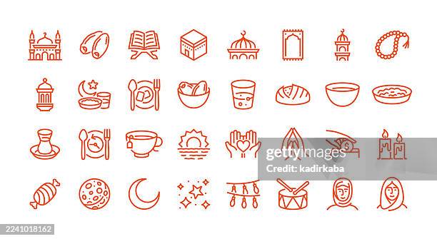 ramadan line icon set. group of object. mosque, date fruit, quran, prayer mat, minaret, mosque dome, sahur, eid mubarak. - eid mubarak stock illustrations