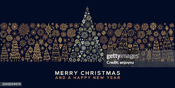 golden christmas doodles horizontal design - snowflake background pattern stock illustrations