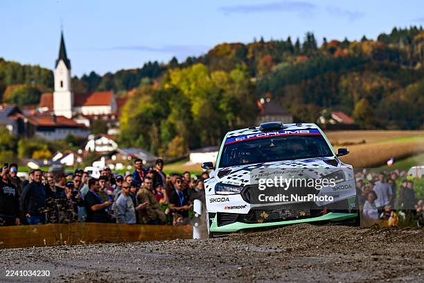 Nikolay Gryazin and co-driver Konstantin Aleksandrov of the team Skoda Fabia RS Rally2 face the first day of the race during the FIA World Rally...