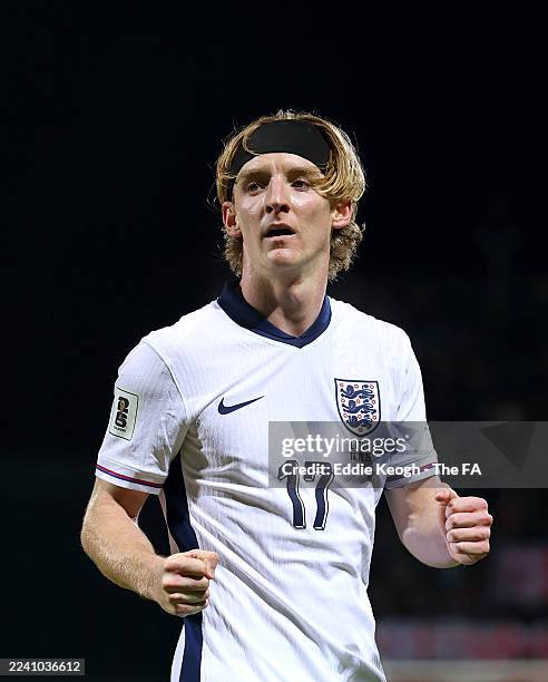 Anthony Gordon of England celebrates scoring his team's first goal during the FIFA World Cup 2026 qualifier match between Latvia and England at...