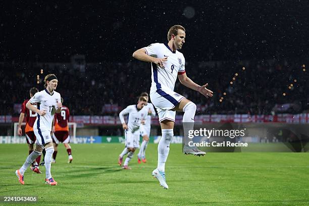 Harry Kane of England celebrates scoring his team's third goal from the penalty spot during the FIFA World Cup 2026 qualifier match between Latvia...