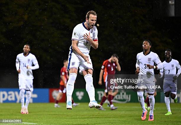 Harry Kane of England celebrates scoring his team's third goal from the penalty spot during the FIFA World Cup 2026 qualifier match between Latvia...