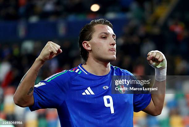 Mateo Retegui of Italy celebrates scoring his team's first goal during the FIFA World Cup 2026 qualifier match between Italy and Israel at Stadio...