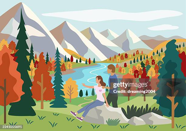 couple hiking on turquoise lake in banff national park alberta canada during fall, canadian rockies autumn landscape, vibrant foliage, mountain adventure travel, romantic nature getaway, outdoor eco-tourism and hiking holiday - banff national park stock illustrations