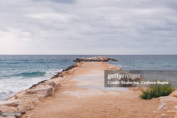 concrete jetty extending into sea under cloudy sky - ponton photos et images de collection