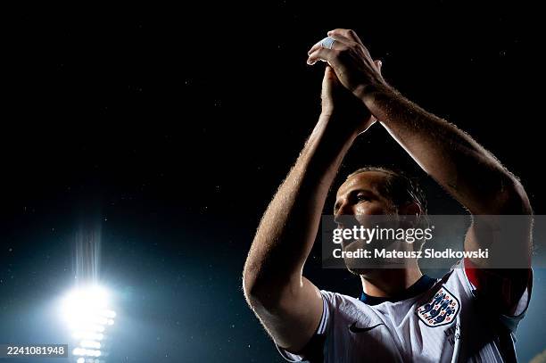 Harry Kane of England gestures after winning match during the FIFA World Cup 2026 qualifier match between Latvia and England at Daugava Stadium on...