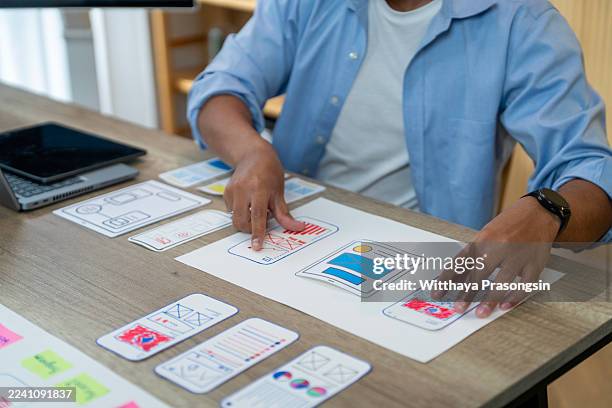designer planning ui ux mobile application wireframes - web prototype stock pictures, royalty-free photos & images