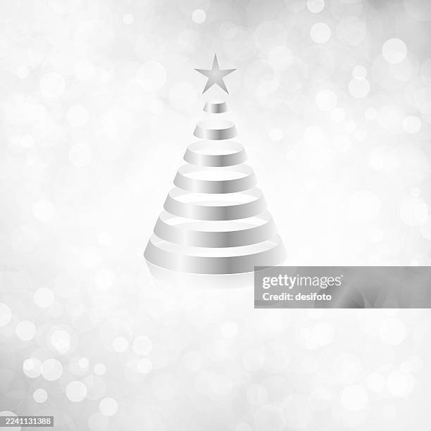 silver grey white colored defocused bokeh lights glittering party shiny christmas new year party festival celebration square illuminated blurred glowing vector background, with one curled ribbon spiral cone shape tree with star at top - sun flare trees stock illustrations