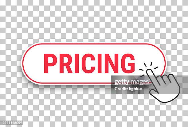 pricing - 3d click web button with hand cursor on blank background - cost transparency stock illustrations