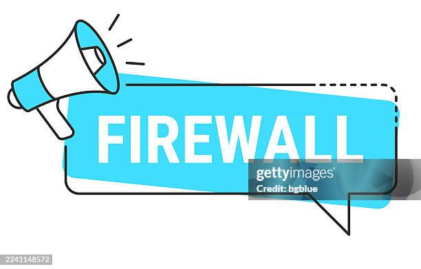 firewall - speech bubble and megaphone on white background - cyber security wall stock illustrations