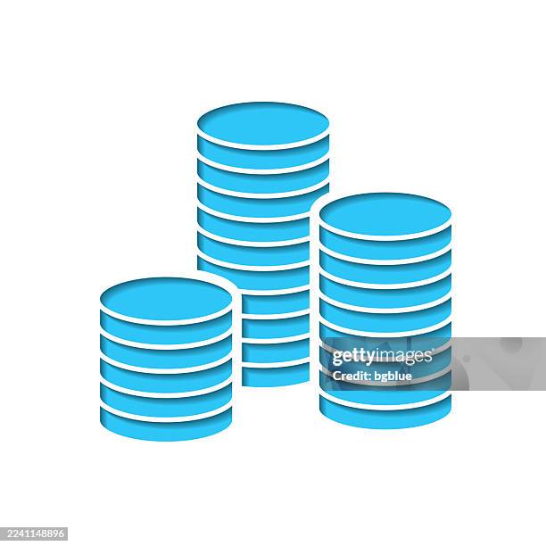 stack of coins. icon cut out on white paper with blue background - coin stack 3d stock illustrations