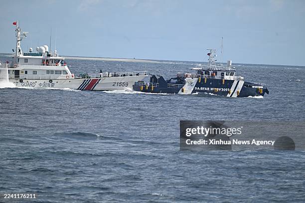Philippine public vessel 3003 illegally intrudes into the waters near Tiexian Jiao in the South China Sea on Oct. 12, 2025. Chinese Coast Guard CCG...