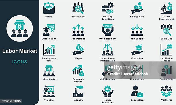 arbeitsmarkt solide icons sammlung. eindämmung von beschäftigung, arbeitslosigkeit, arbeitskräften, arbeitsplatznachfrage, arbeitsplatzangebot, rekrutierung, qualifikationslücke, qualifikation, löhnen, gehalt, produktivität, branche, beruf - arbeitspersonal stock-grafiken, -clipart, -cartoons und -symbole