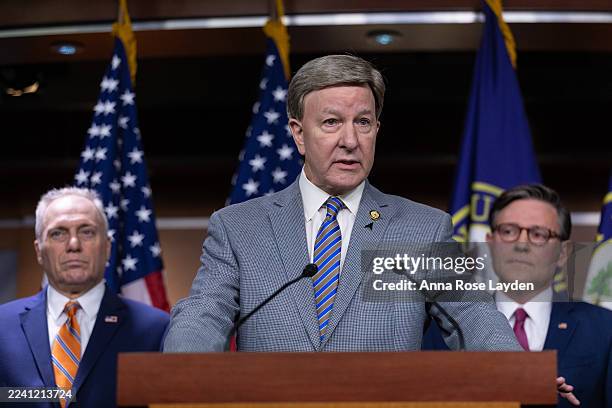 House Armed Services Committee Chairman Mike Rogers speaks to the press at the U.S. Capitol on October 17, 2025 in Washington, DC. House Speaker Mike...