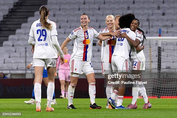 Lily Yohannes of OL Lyonnes celebrates with teammates after scoring her team's third goal during the UEFA Women's Champions League 2025/26 league...