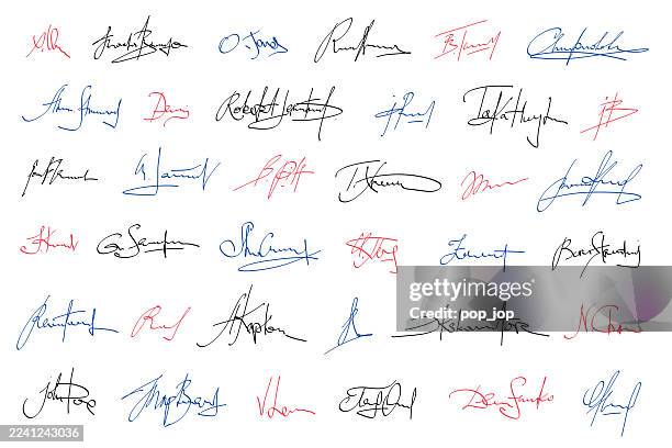 sammlung von handschriftlichen unterschriften set - varianten mit blauer, schwarzer und roter tinte - unterschrift stock-grafiken, -clipart, -cartoons und -symbole