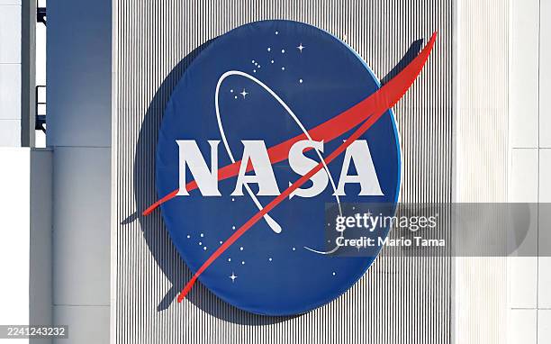 The NASA logo is displayed at NASA’s Jet Propulsion Laboratory on October 15, 2025 in La Cañada Flintridge, California. Around 550 people, or over...
