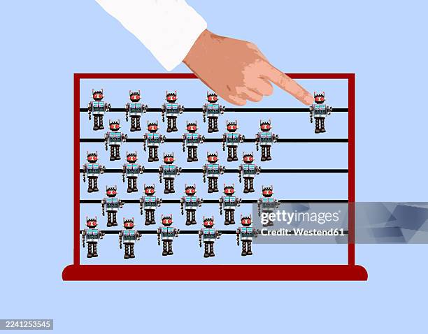 hand pointing at ai robot illustration on abacus symbolizing calculation - counting machine stock illustrations