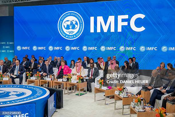 First Deputy Managing Director Dan Katz, IMF Managing Director Kristalina Georgieva, IMF Financial Committee chair Mohammed Al-Jadaan and IMF...