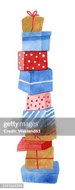 stack of watercolor christmas gift boxes isolated on white - boxes stacked stock illustrations
