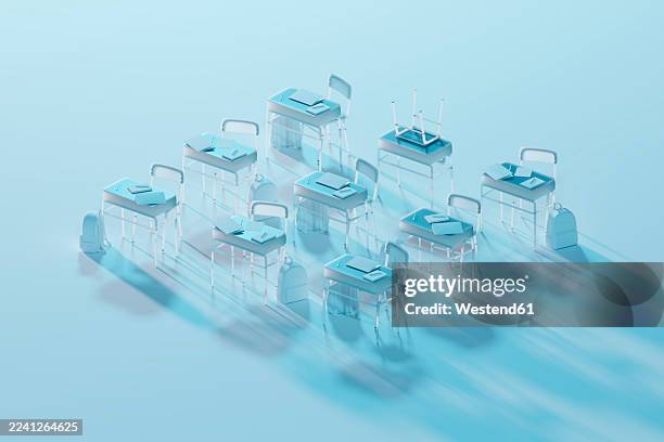 3d render of empty classroom desks with books for modern e learning - empty classroom stock illustrations