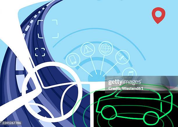 autonomous driving technology with smart car dashboard interface - connected vehicles stock illustrations