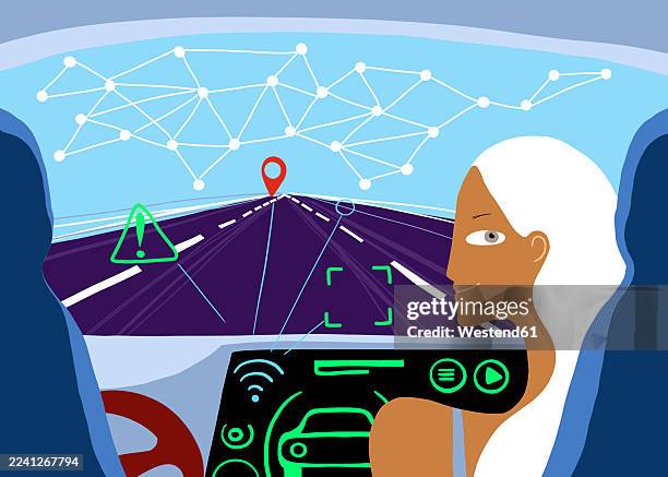 autonomous vehicle with smart dashboard and innovative technology display - future car dashboard stock illustrations