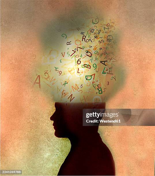 silhouette profile with letters and numbers symbolizing dyslexia concept - schriftsymbol stock-grafiken, -clipart, -cartoons und -symbole