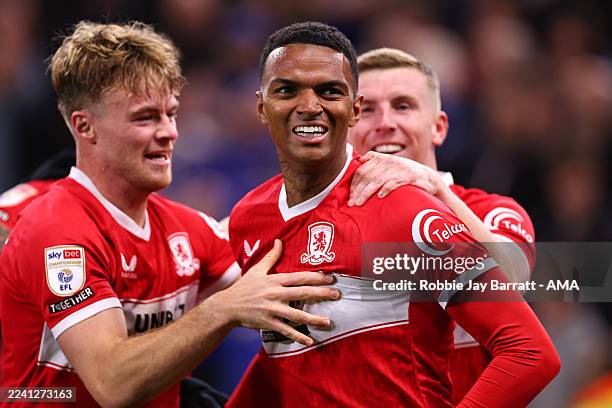 Morgan Whittaker of Middlesbrough celebrates after scoring a goal to make it 2-0 during the Sky Bet Championship match between Middlesbrough and...