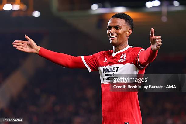 Morgan Whittaker of Middlesbrough celebrates after scoring a goal to make it 2-0 during the Sky Bet Championship match between Middlesbrough and...