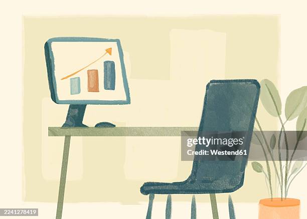 empty desk with computer display showing finance bar chart illustration - workbench stock illustrations