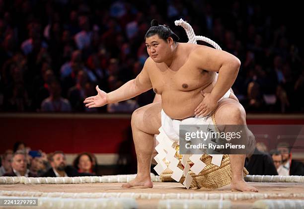 Onosato peforms his ring entry ceremony during day one of The Grand Sumo Tournament at Royal Albert Hall on October 15, 2025 in London, England. This...