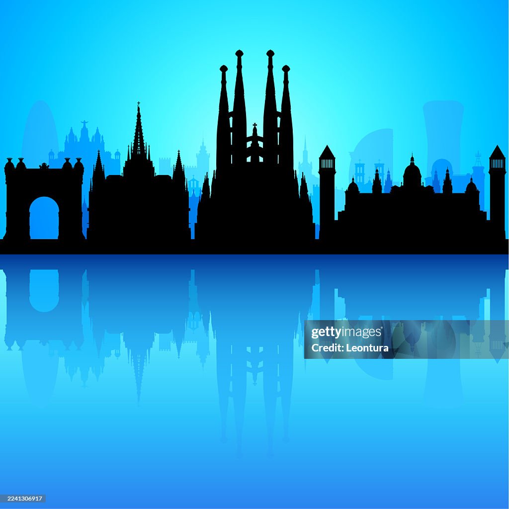 Barcelona Skyline Silhouette on Blue (All Buildings Are Complete and Moveable)