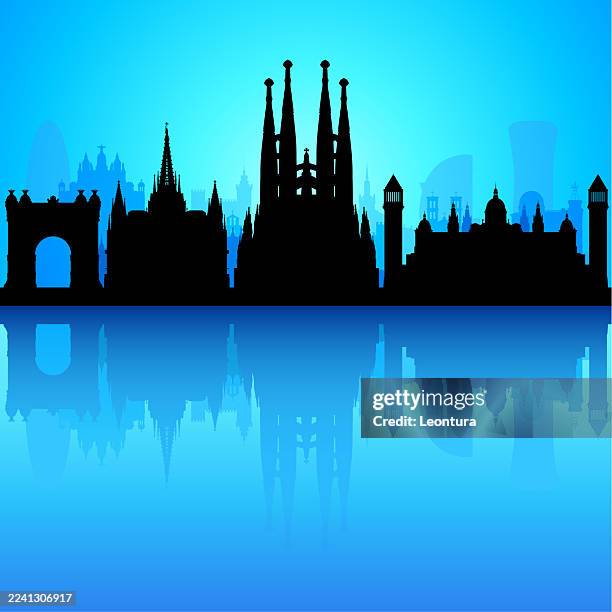 barcelona skyline silhouette on blue (all buildings are complete and moveable) - arc de triomf barcelona stock illustrations