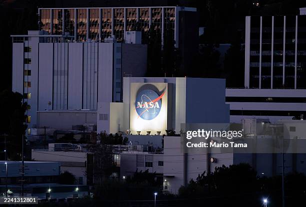 The NASA logo is displayed at NASA’s Jet Propulsion Laboratory on October 15, 2025 in La Cañada Flintridge, California. Around 550 people, or over...