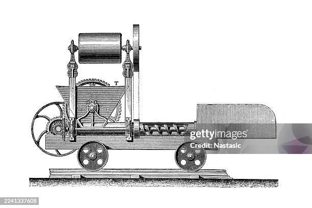 mobile peat conditioning machine by cohen and moritz, front view - peat stock illustrations