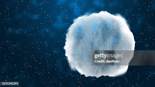 horizontal navy blue midnight starry night sky background with one big cloud circle or spooky horror smoke over open winter night scene spotted glitter snowing twinkling stars cartoon halloween scene or scary ghost mystery backdrop - chimney flashing stock illustrations