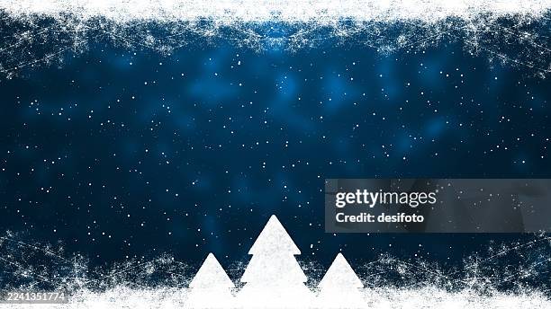 horizontal navy blue midnight starry christmas new year festive background with three coniferous trees over snow hill in open sky with twinkling stars winter night scene layers of snow on ground - winter sky stock illustrations