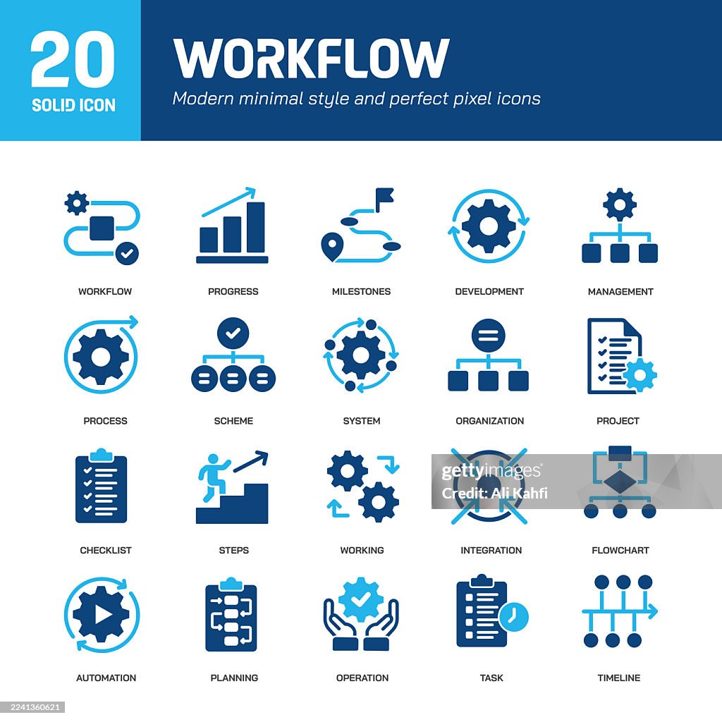 Workflow glyph solid icons. Containing flowchart, improvement, processing solid icons collection. Vector illustration. For website design, logo, app, template, ui, etc